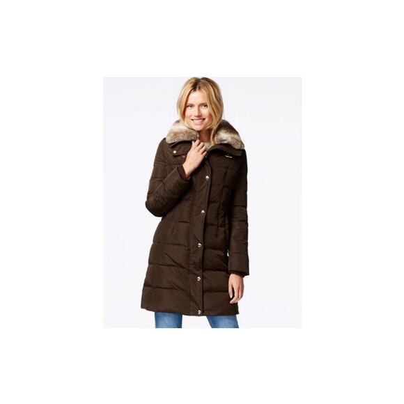 Michael Kors Women's Down Puffer Coat Brown With Faux Fur Collar Small - Picture 1 of 4